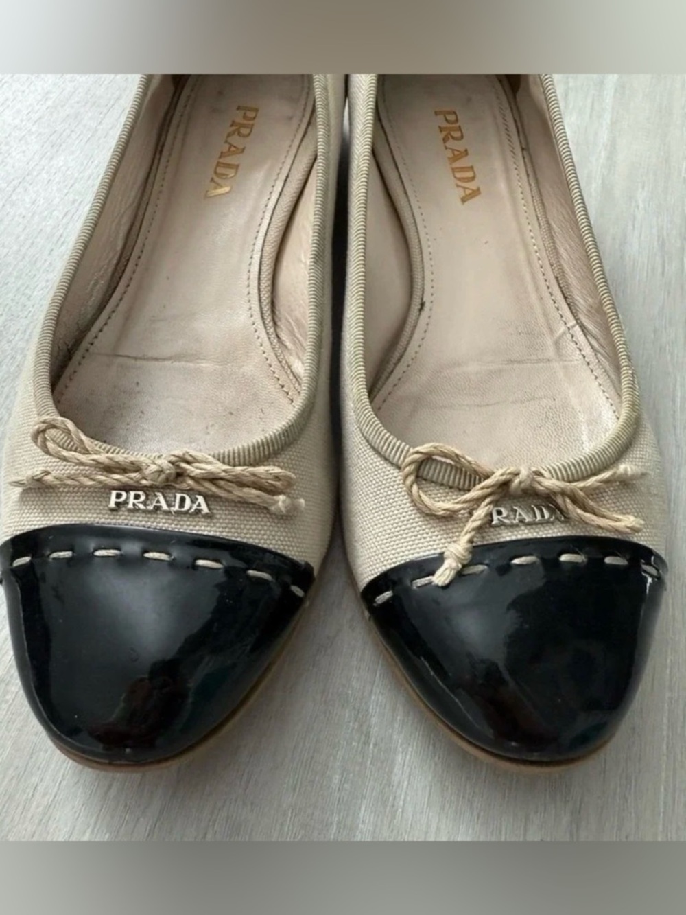 Prada Canvas Cap Toe Ballet Flats Beige Black Women Sz 7 - Picture 10 of 15